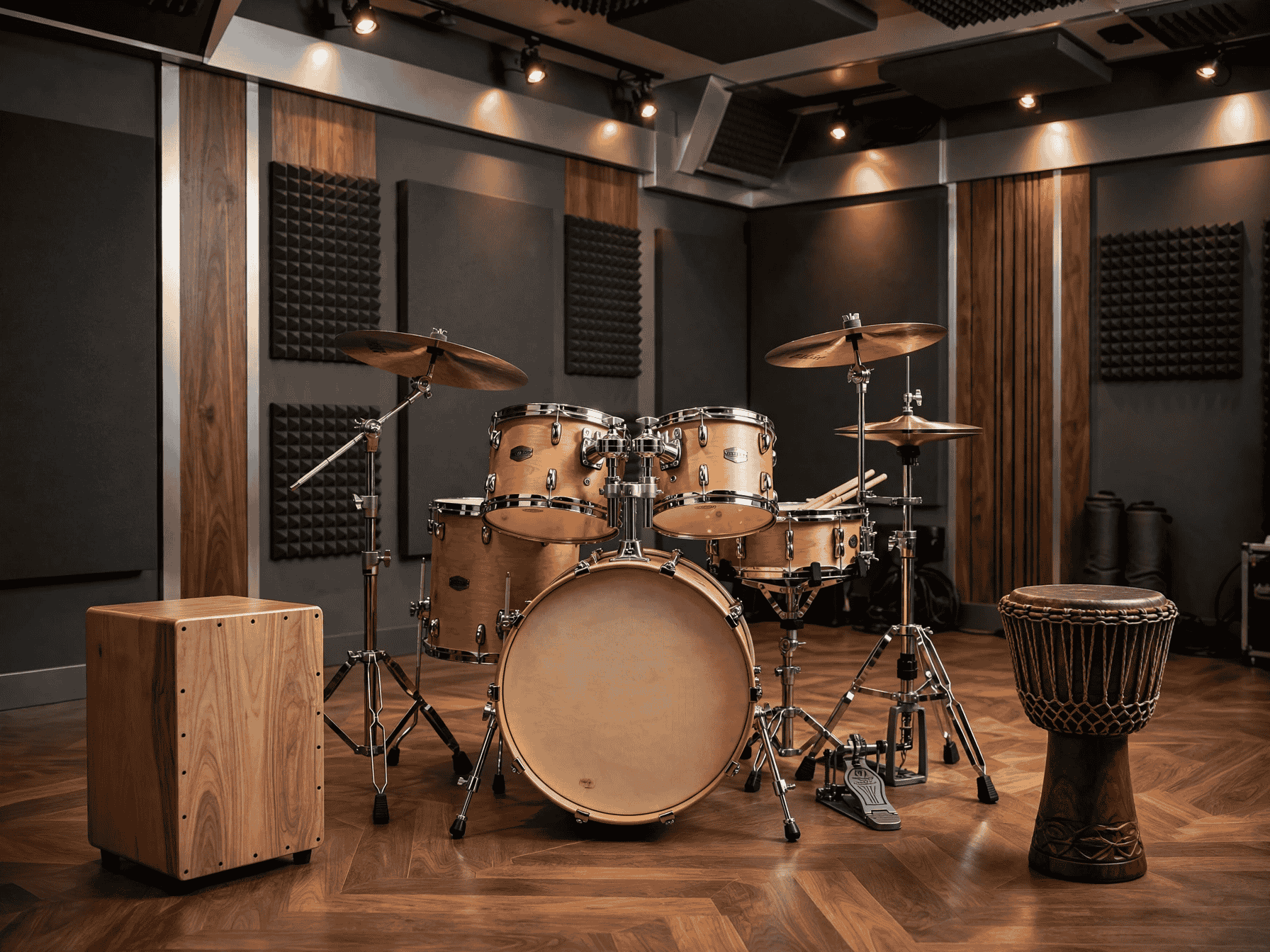 Acoustic drum kit, cajon, djembe