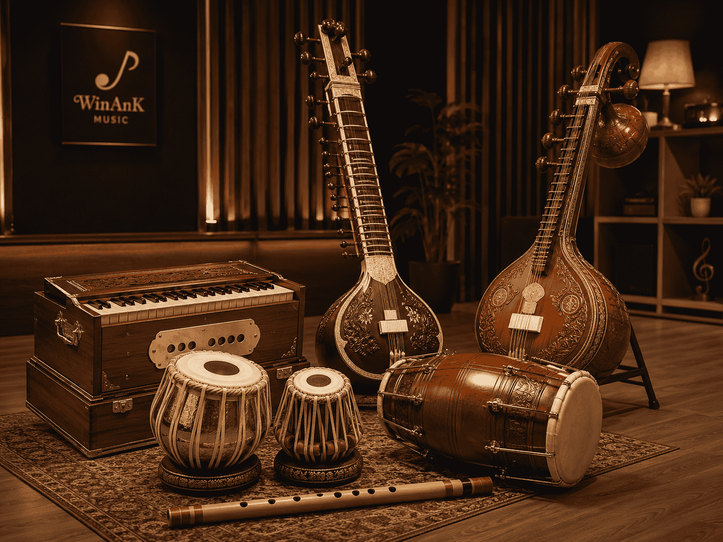 Tabla, Harmonium, Sitar , Veena, Bansuri, Flute, Tanpura, Dholak,